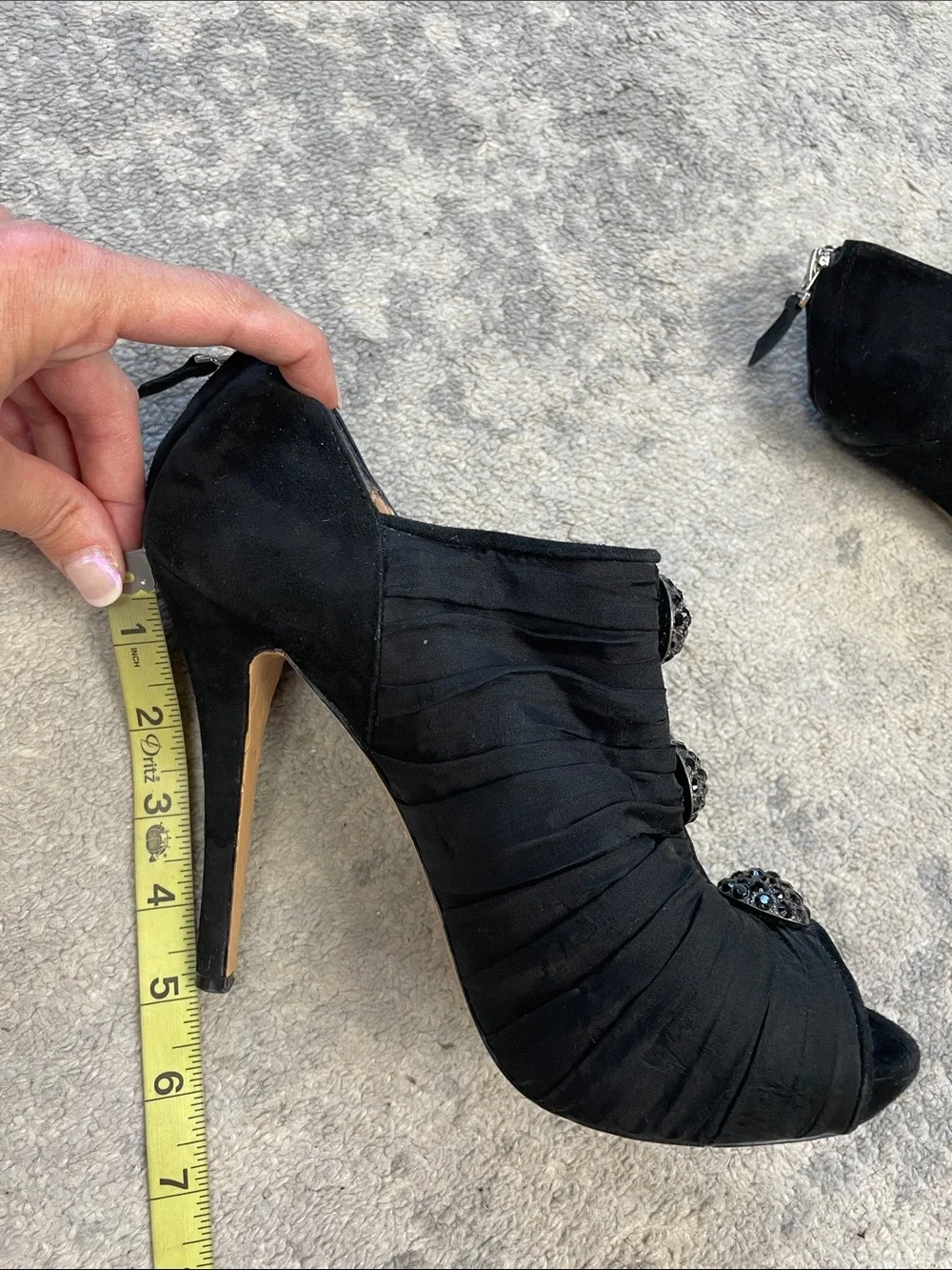 Betsey Johnson Black Ruched Chiffon Peep Toe Booties Heels Crystal Buttons 9.5